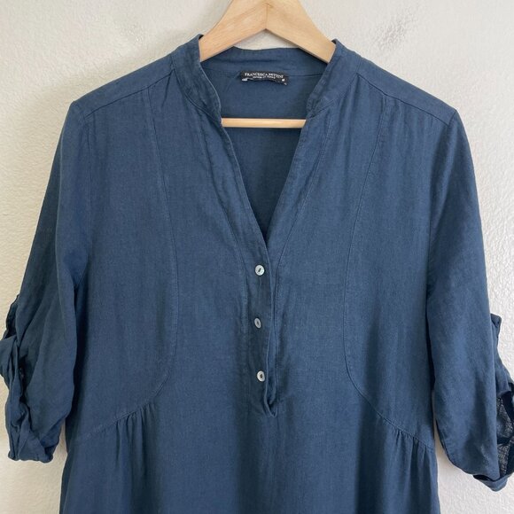 Francesca Bettini Womens Medium Linen Cotton Midi Dress Blue Roll Tab Sleeve - Picture 8 of 11
